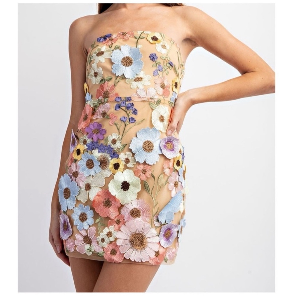 Strapless Floral Appliqué Mini Dress - Multicolor